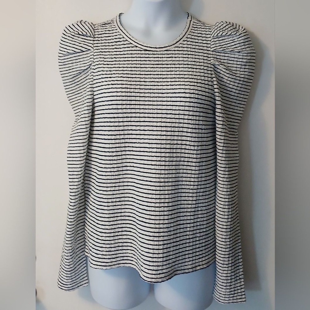 White and Black Striped Puffed Shoulder Blouse